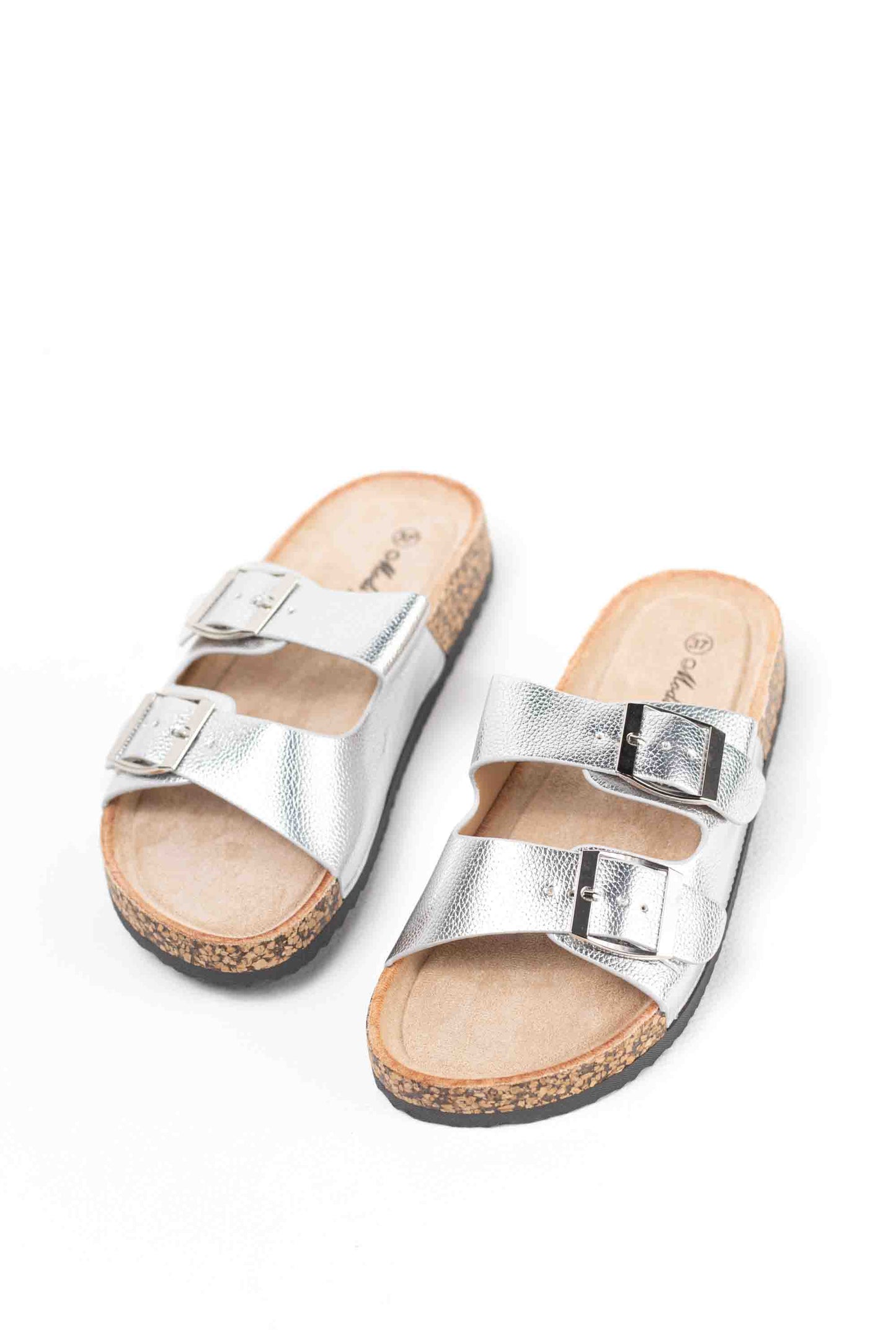 Sandalias mujer planas con doble hebilla metálica con suela corcho