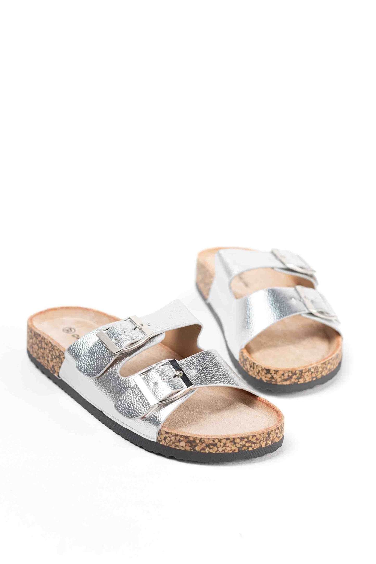 Sandalias mujer planas con doble hebilla metálica con suela corcho