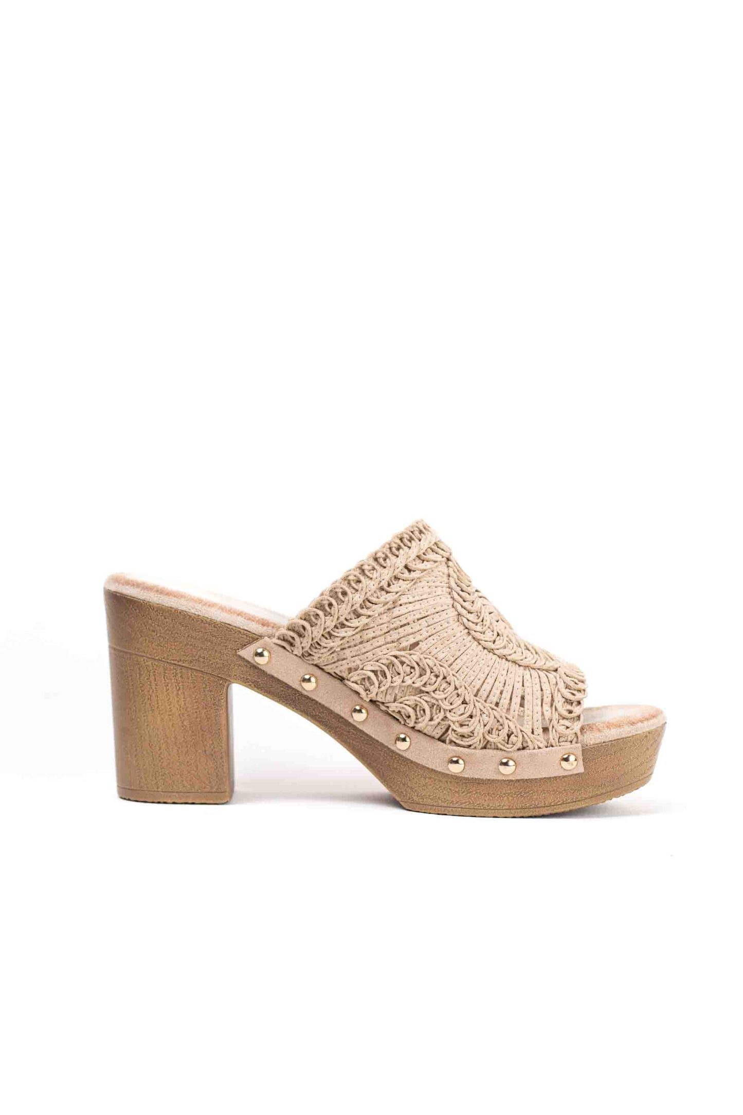 Sandalias doradas bohemias mujer tipo mules con tacòn alto y plataforma efecto madera diseño crochet