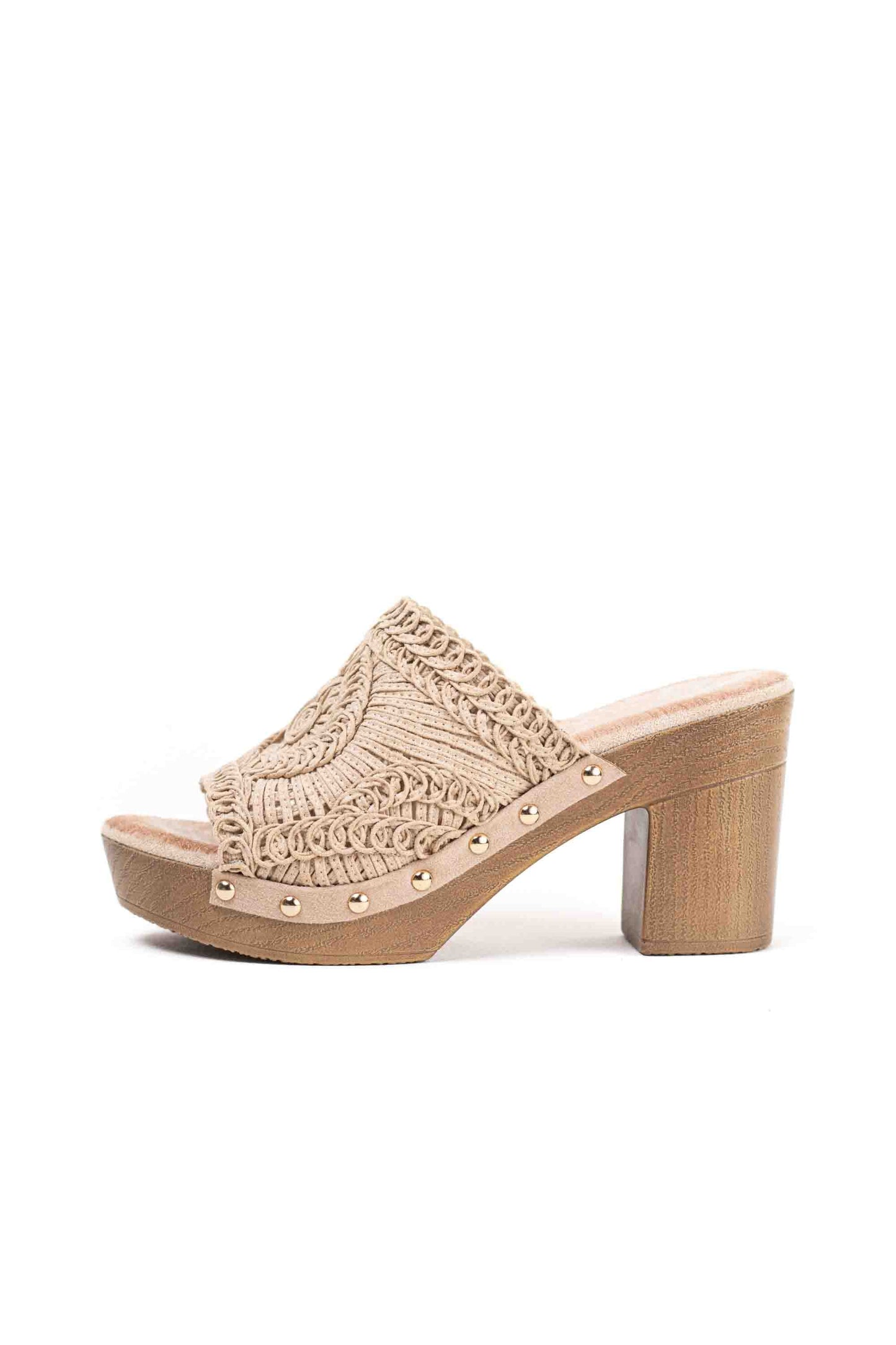 Sandalias doradas bohemias mujer tipo mules con tacòn alto y plataforma efecto madera diseño crochet