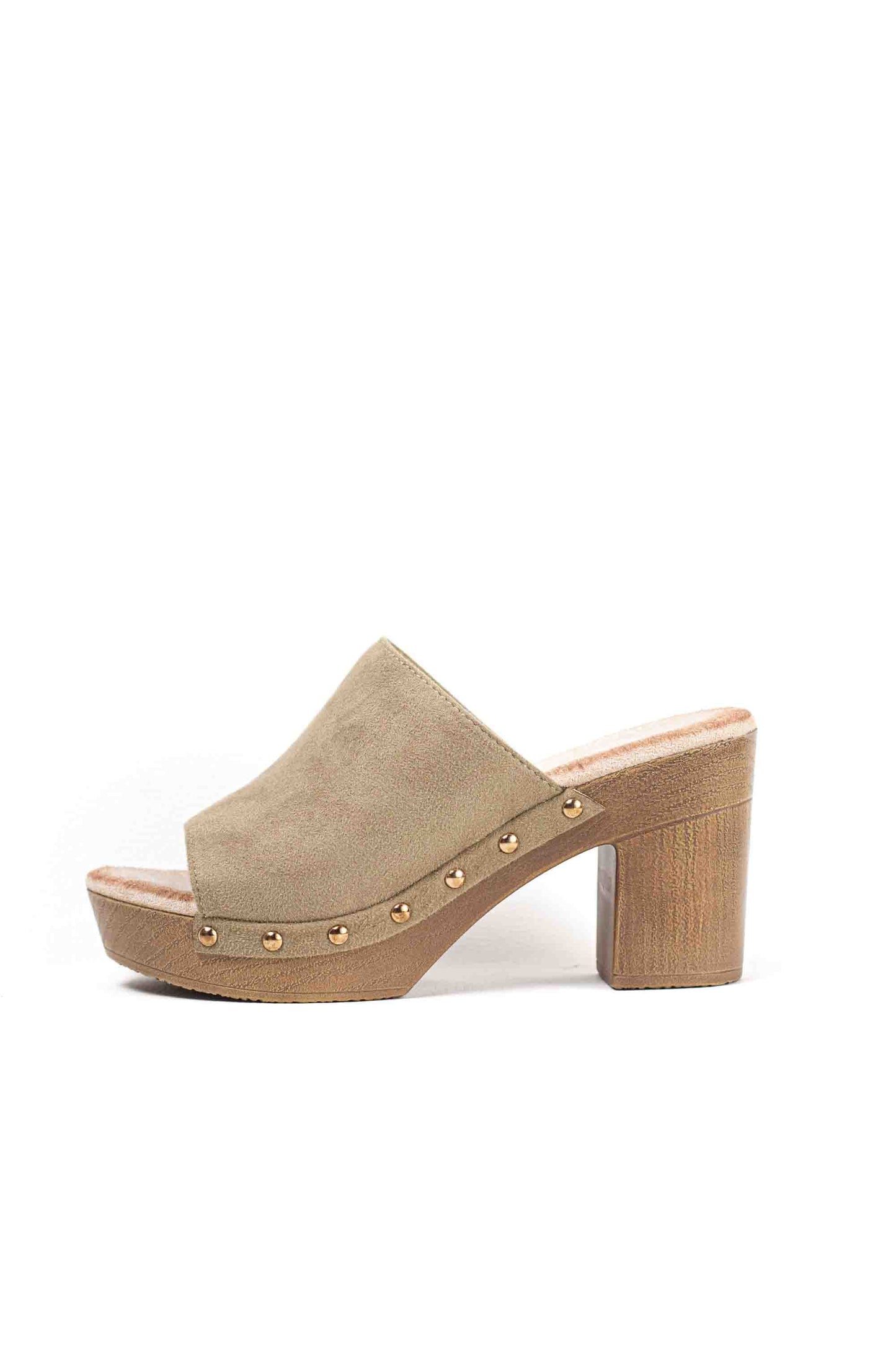 Sandalias mujer mules con  tacón alto y plataforma efecto madera con tachas