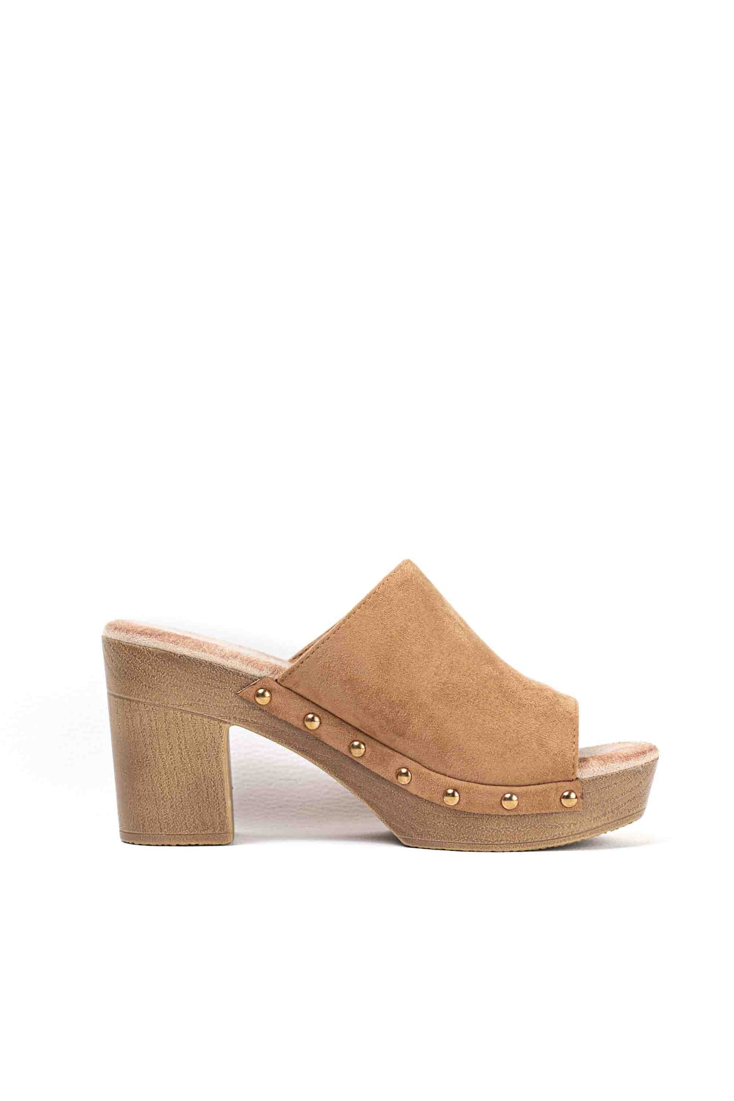 Sandalias mujer mules con  tacón alto y plataforma efecto madera con tachas