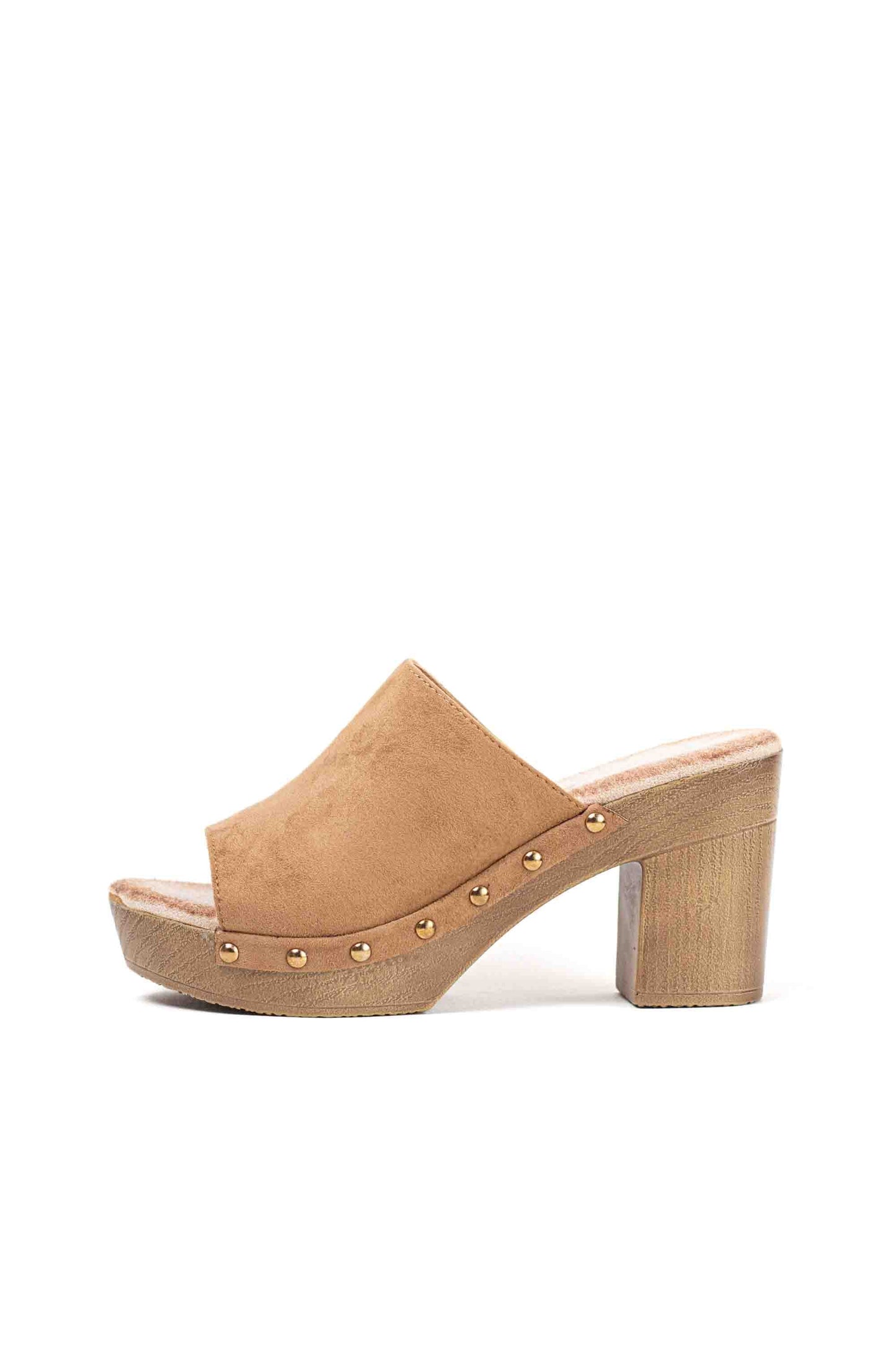 Sandalias mujer mules con  tacón alto y plataforma efecto madera con tachas