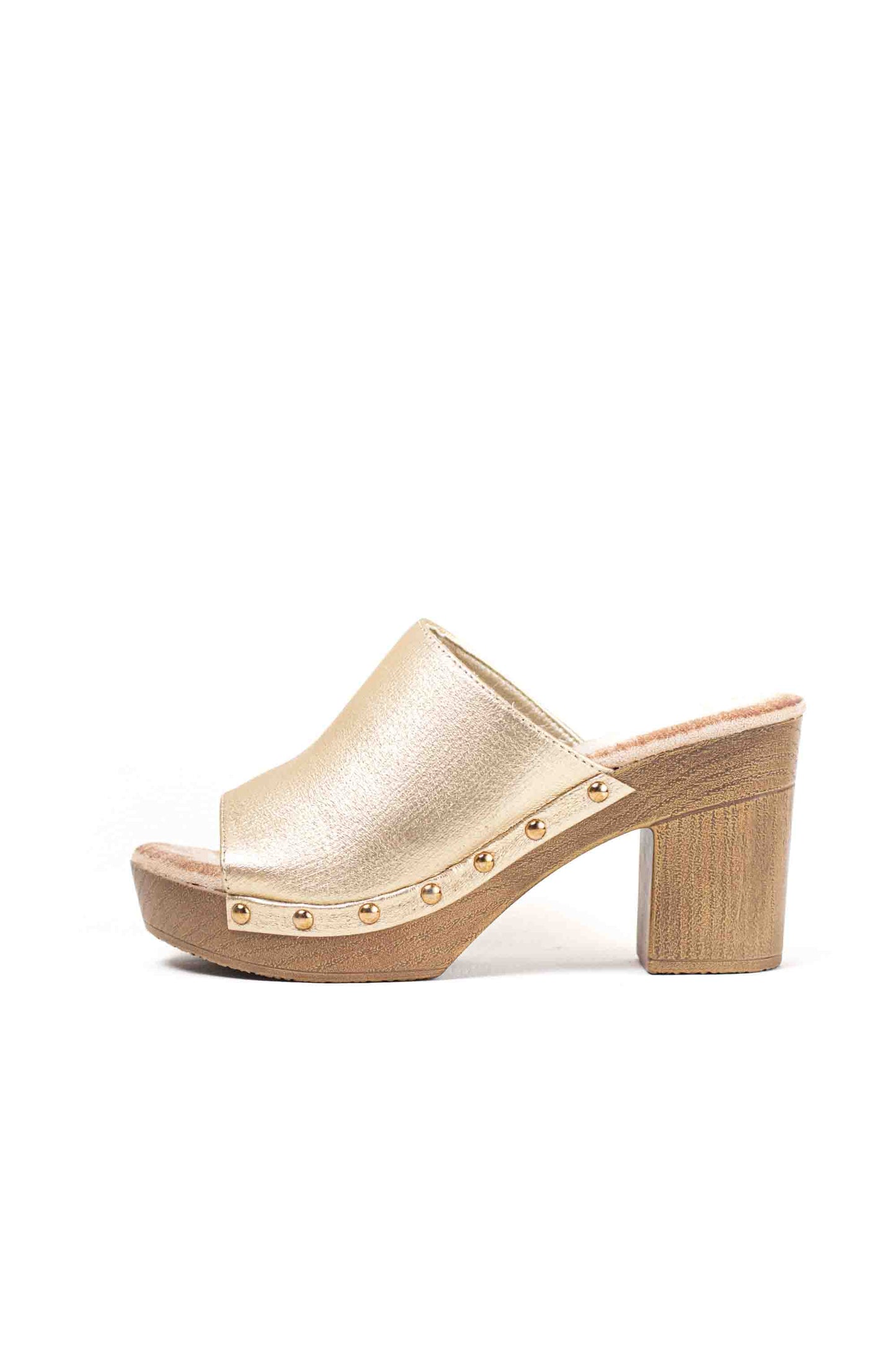Sandalias mujer mules con  tacón alto y plataforma efecto madera con tachas