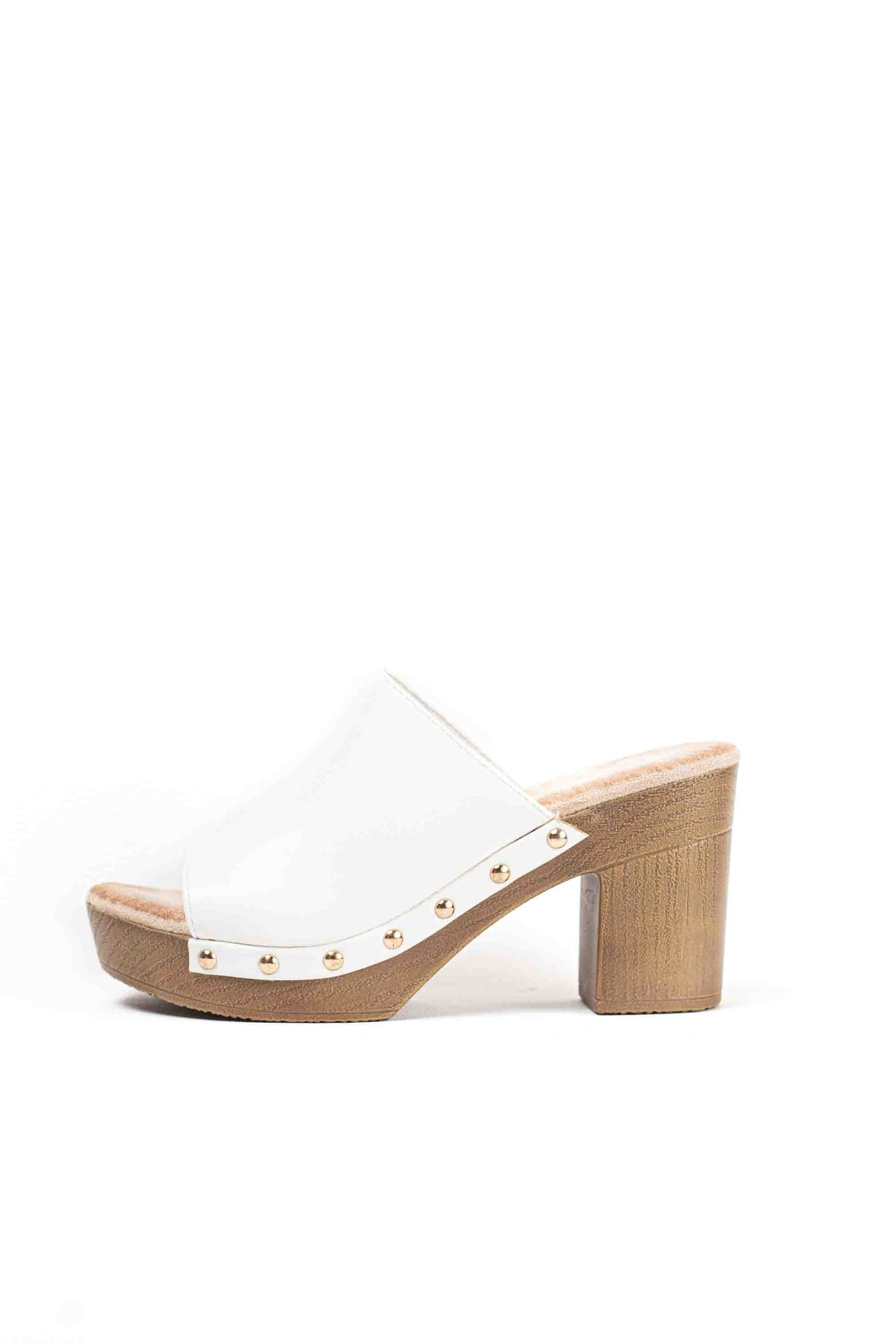 Sandalias mujer mules con  tacón alto y plataforma efecto madera con tachas