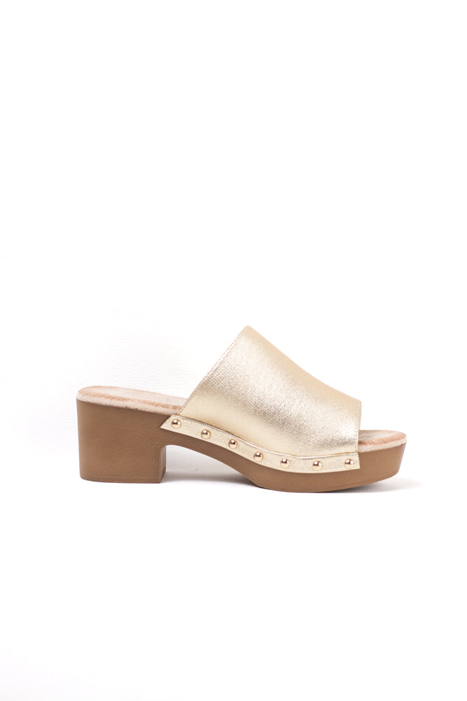 Sandalias mujer mules con tacón alto y plataforma efecto madera con tachas y plantilla acolchada