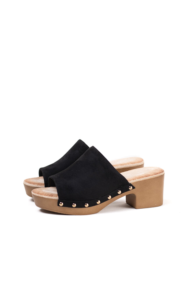 Sandalias mujer mules con tacón alto y plataforma efecto madera con tachas y plantilla acolchada
