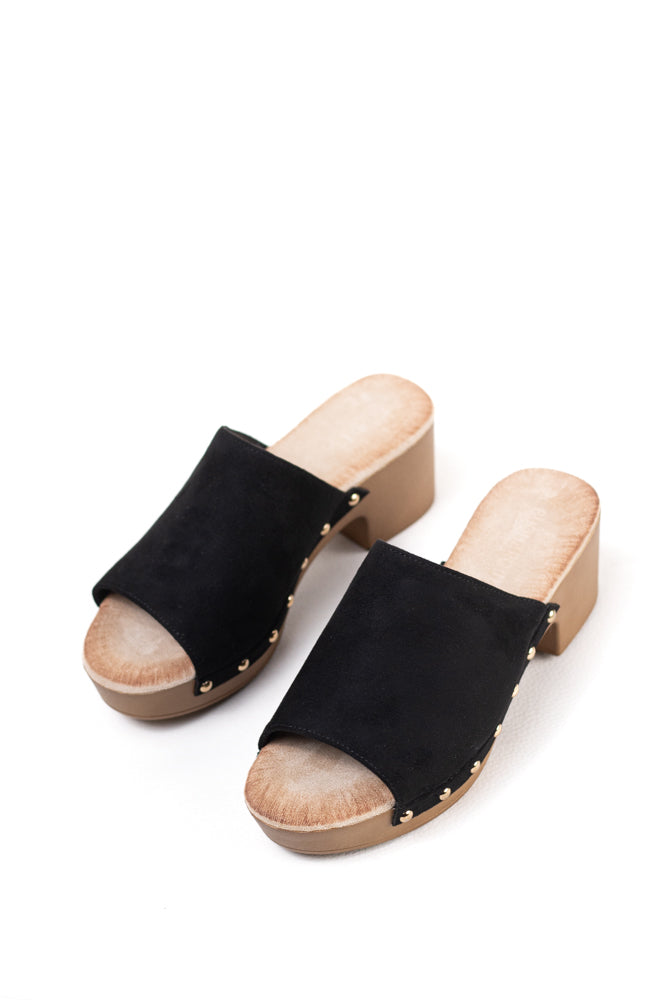 Sandalias mujer mules con tacón alto y plataforma efecto madera con tachas y plantilla acolchada