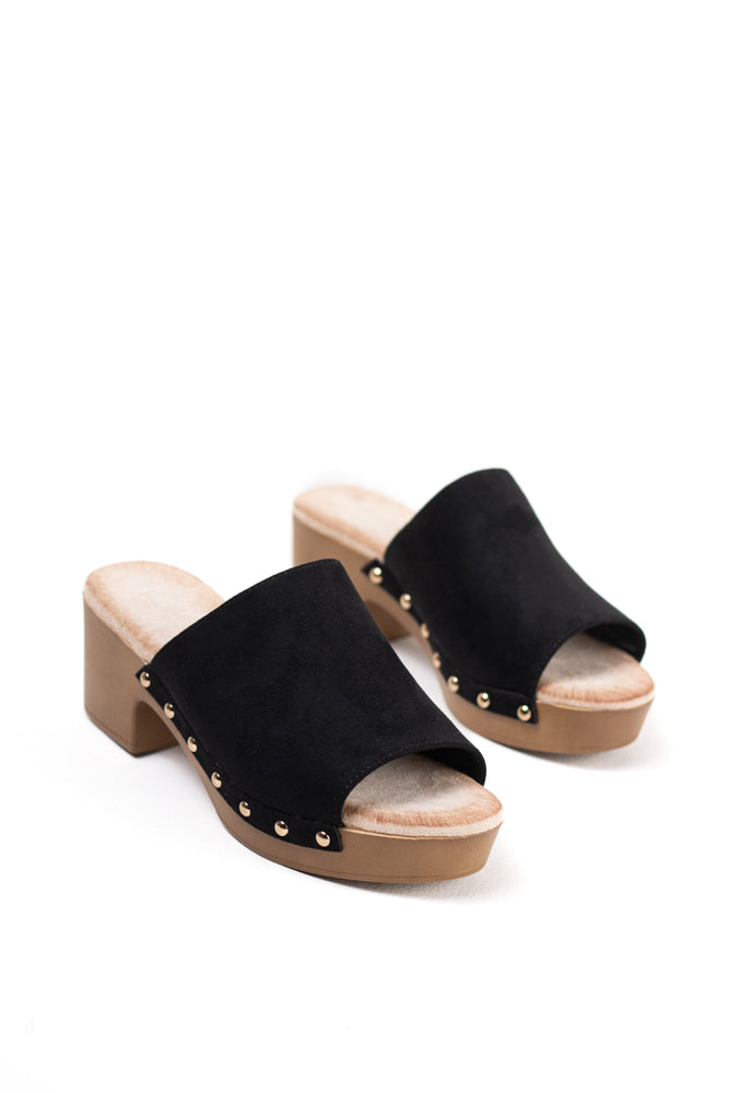 Sandalias mujer mules con tacón alto y plataforma efecto madera con tachas y plantilla acolchada