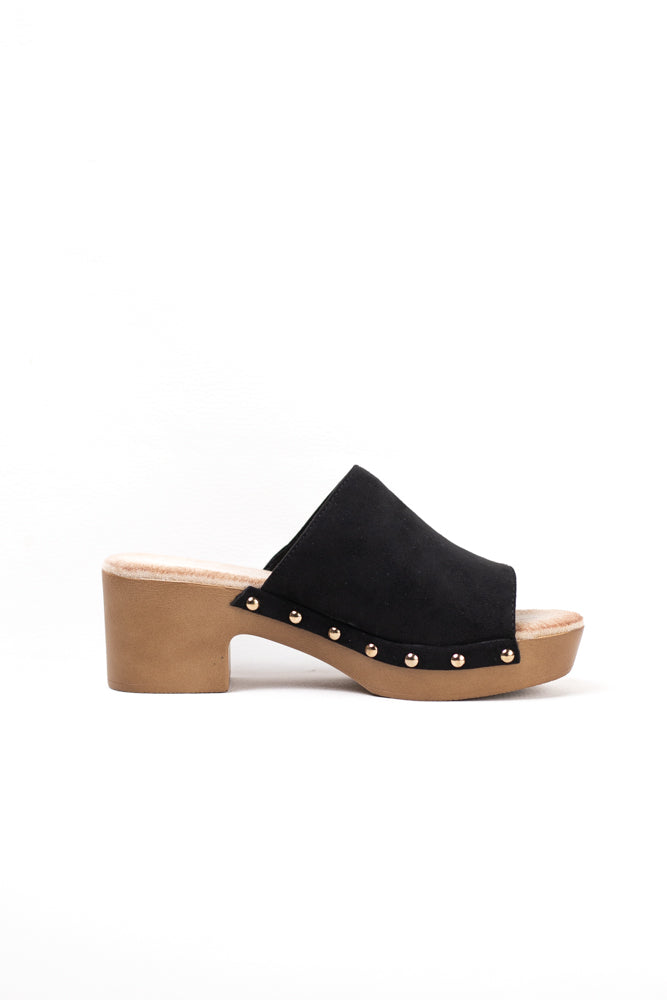Sandalias mujer mules con tacón alto y plataforma efecto madera con tachas y plantilla acolchada