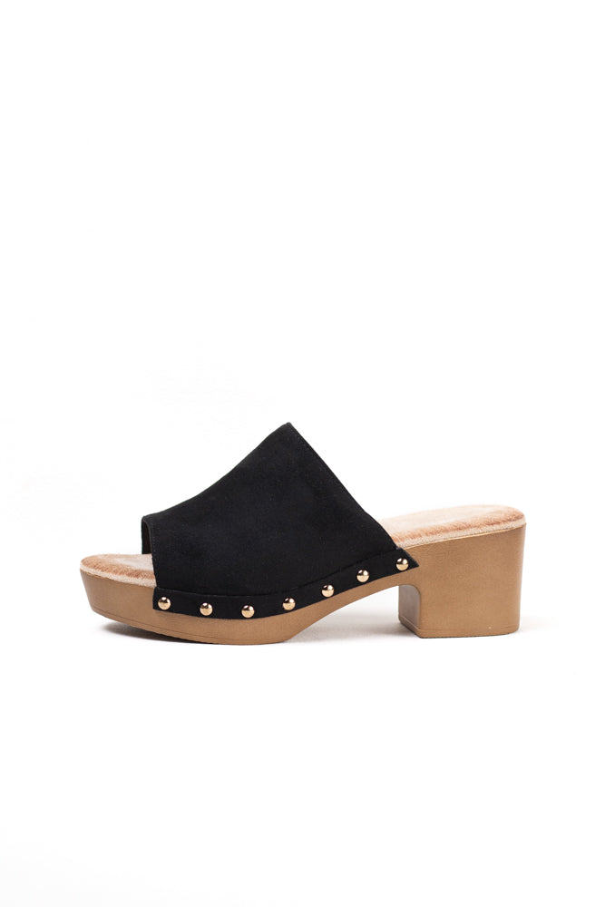 Sandalias mujer mules con tacón alto y plataforma efecto madera con tachas y plantilla acolchada