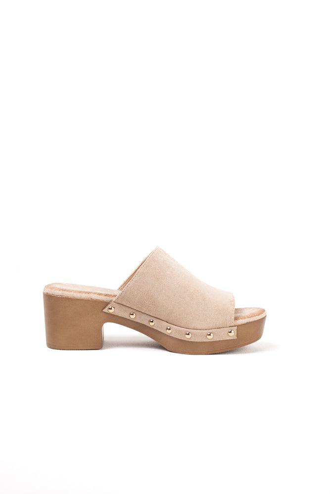 Sandalias mujer mules con tacón alto y plataforma efecto madera con tachas y plantilla acolchada