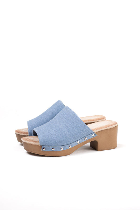 Sandalias mujer mules con tacón alto y plataforma efecto madera con tachas y plantilla acolchada