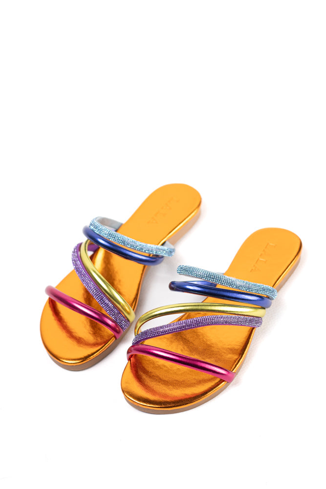 Sandalias planas para mujer con tiras cruzadas de strass