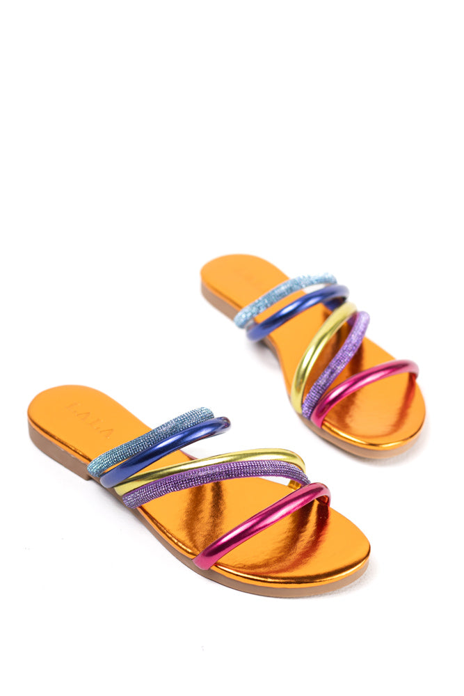 Sandalias planas para mujer con tiras cruzadas de strass