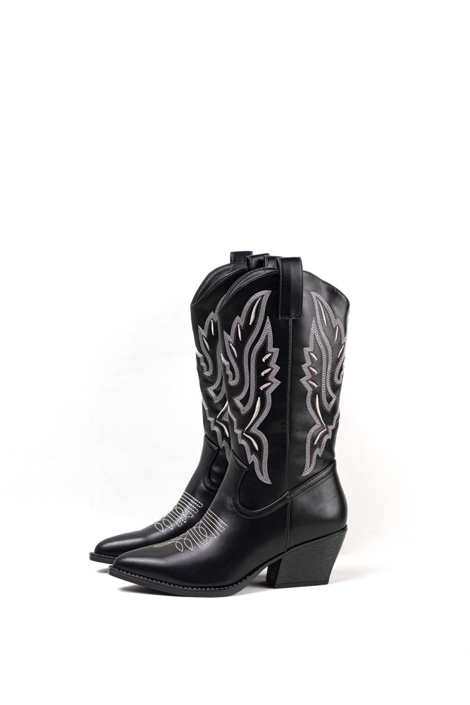 Botas Cowboy negras para mujer con detalles plateados, elegancia sofisticada para un estilo impactante