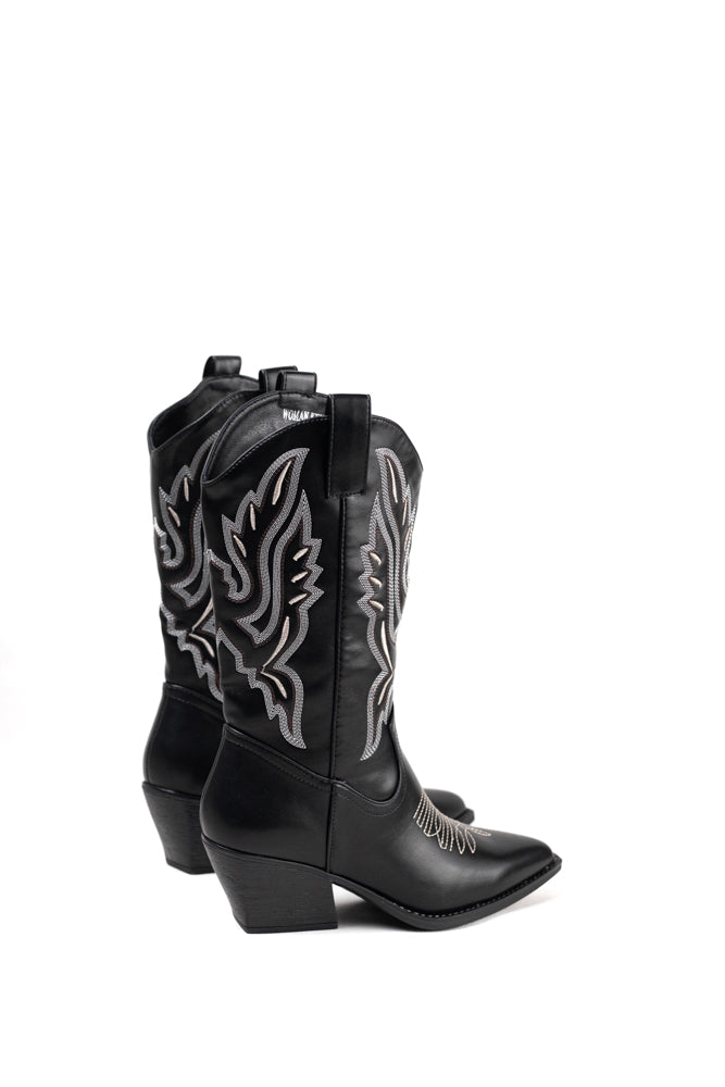 Botas Cowboy negras para mujer con detalles plateados, elegancia sofisticada para un estilo impactante