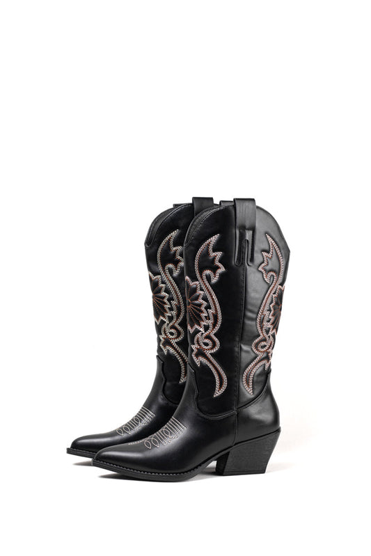 Botas Cowboy negras para mujer con bordado rosado, un toque de distinción en tu estilo western