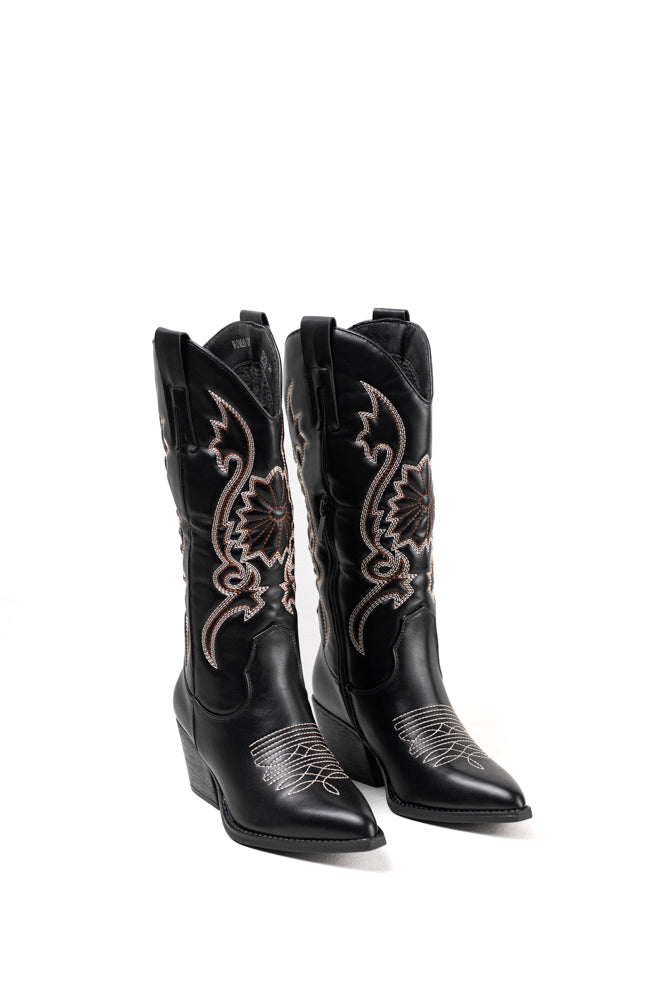 Botas Cowboy negras para mujer con bordado rosado, un toque de distinción en tu estilo western