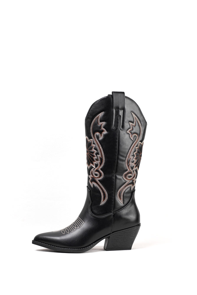 Botas Cowboy negras para mujer con bordado rosado, un toque de distinción en tu estilo western