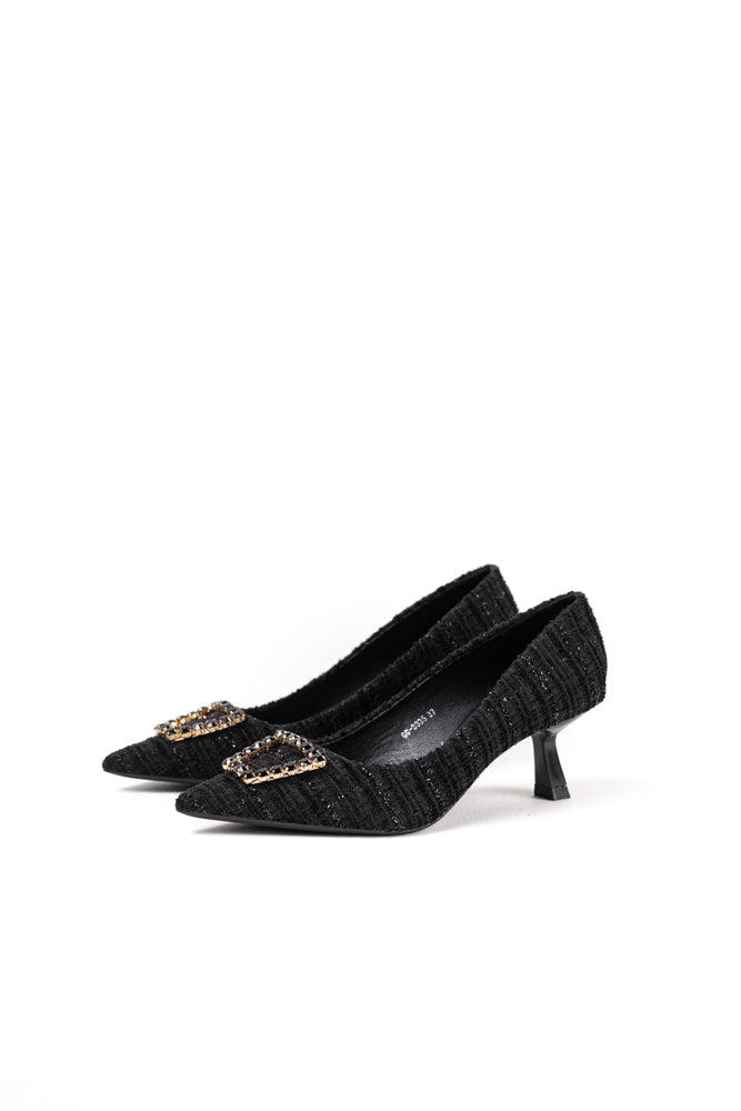 Zapatos de tacón negro para mujer con adornos de pedrería, elegancia clásica para noches de gala