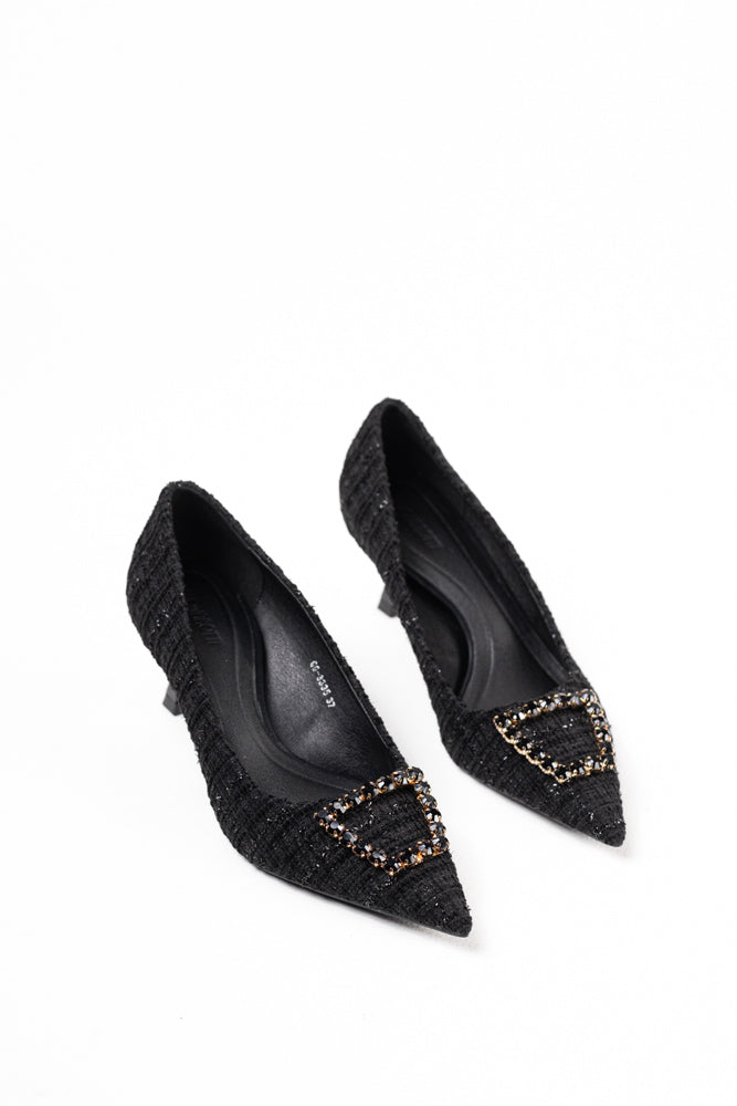 Zapatos de tacón negro para mujer con adornos de pedrería, elegancia clásica para noches de gala