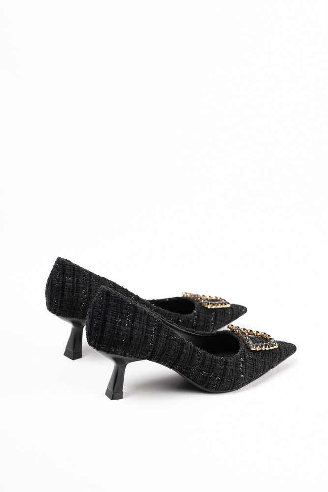 Zapatos de tacón negro para mujer con adornos de pedrería, elegancia clásica para noches de gala