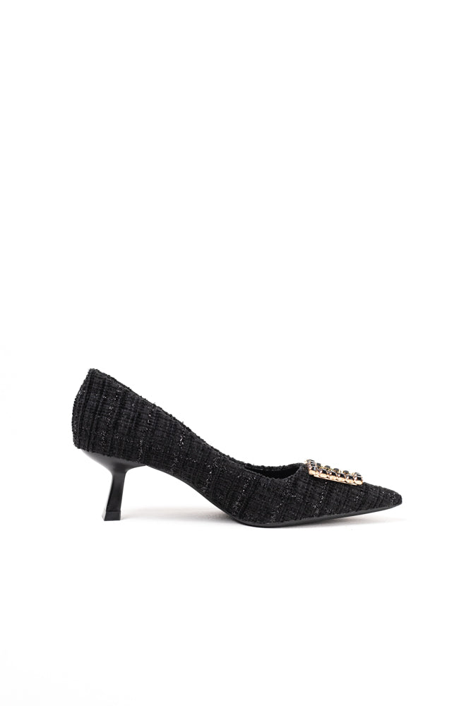 Zapatos de tacón negro para mujer con adornos de pedrería, elegancia clásica para noches de gala