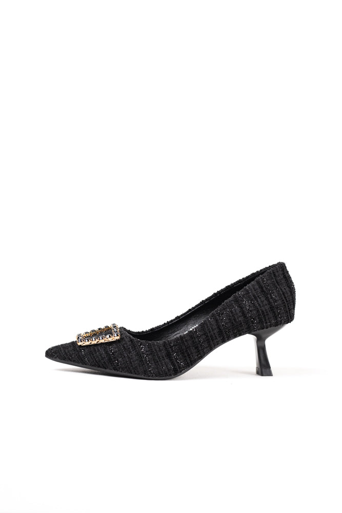 Zapatos de tacón negro para mujer con adornos de pedrería, elegancia clásica para noches de gala