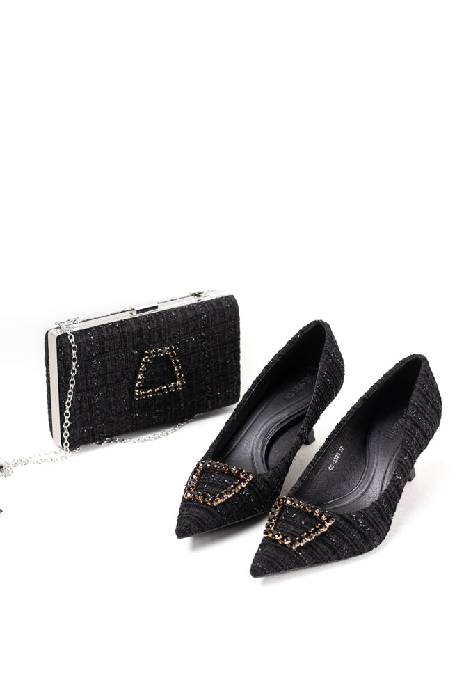 Zapatos de tacón negro para mujer con adornos de pedrería, elegancia clásica para noches de gala