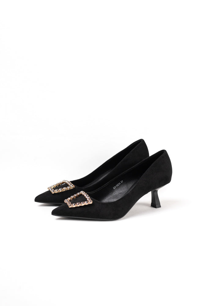 Zapatos de tacón negro para mujer con adornos de pedrería, elegancia clásica para noches de gala