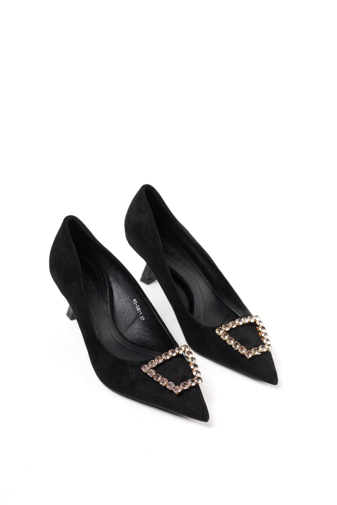 Zapatos de tacón negro para mujer con adornos de pedrería, elegancia clásica para noches de gala