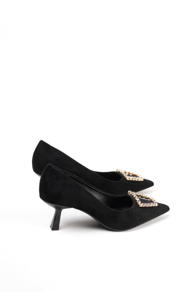 Zapatos de tacón negro para mujer con adornos de pedrería, elegancia clásica para noches de gala