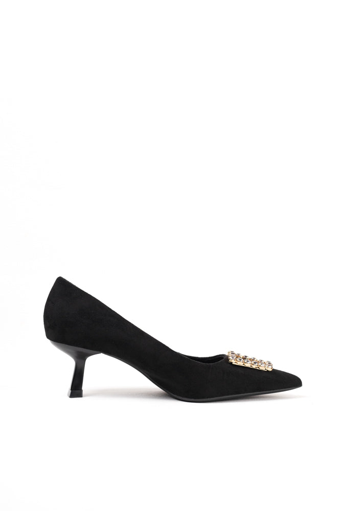 Zapatos de tacón negro para mujer con adornos de pedrería, elegancia clásica para noches de gala