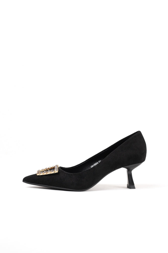 Zapatos de tacón negro para mujer con adornos de pedrería, elegancia clásica para noches de gala