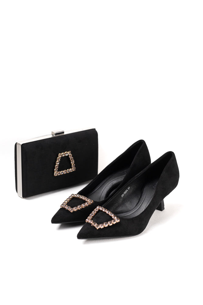 Zapatos de tacón negro para mujer con adornos de pedrería, elegancia clásica para noches de gala