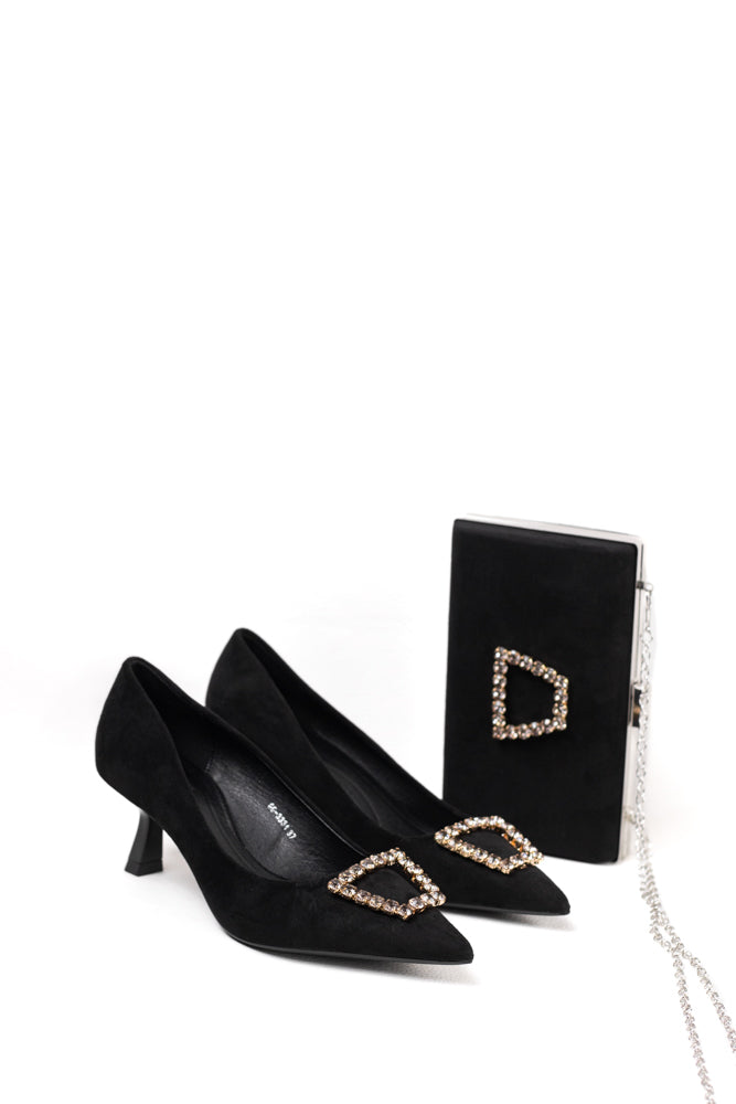 Zapatos de tacón negro para mujer con adornos de pedrería, elegancia clásica para noches de gala