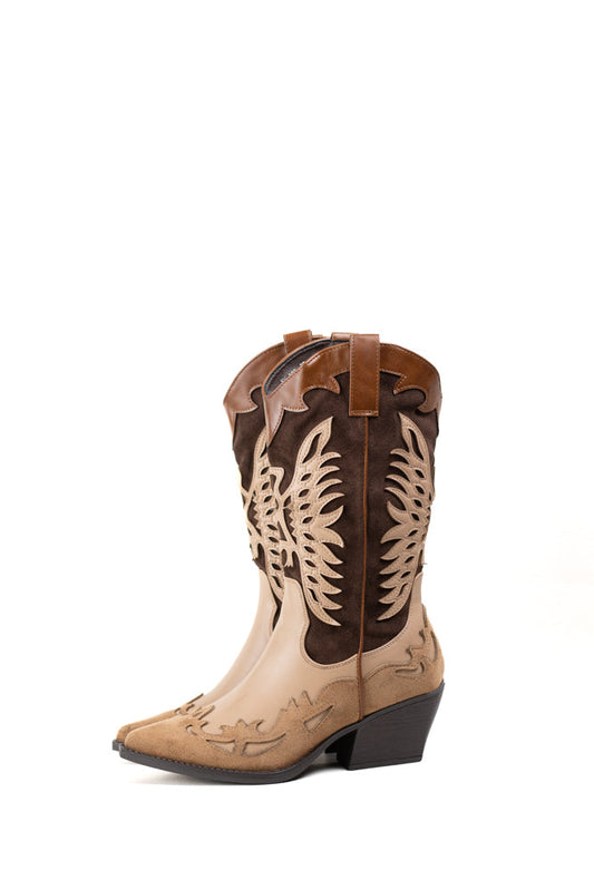 Botas cowboy mujer en piel bicolor con tacón bajo y diseño calado western