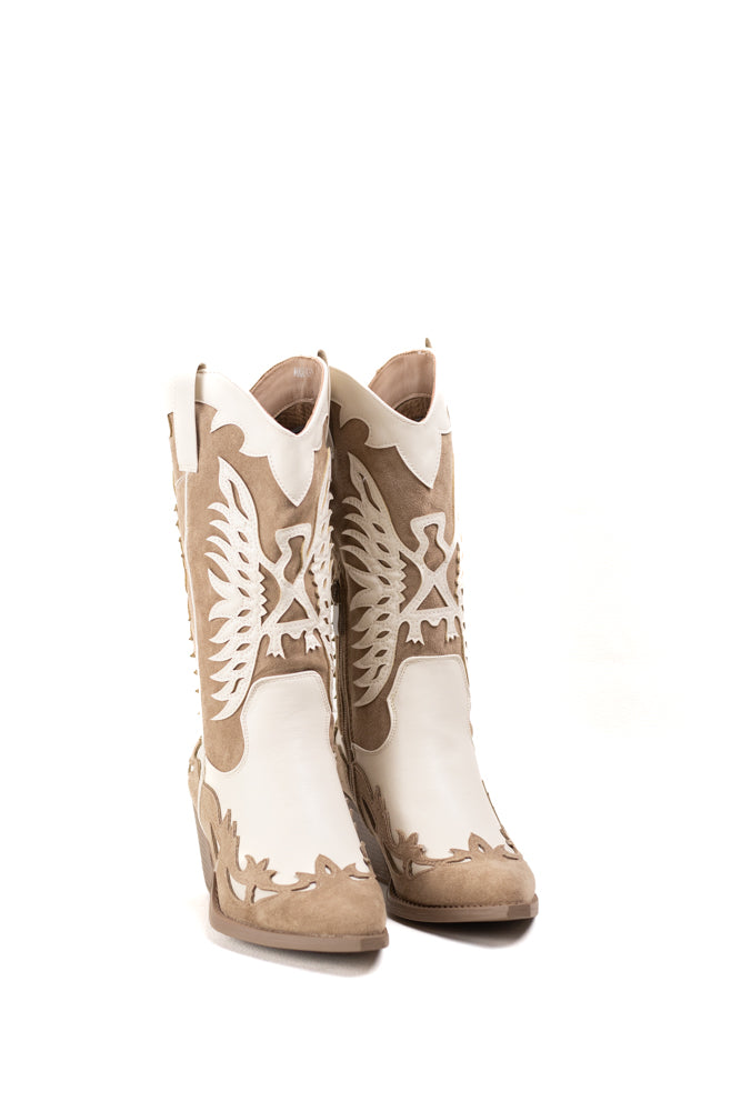 Botas cowboy mujer en piel bicolor con tacón bajo y diseño calado western