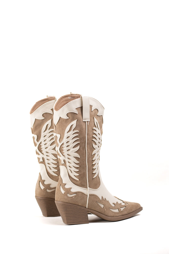 Botas cowboy mujer en piel bicolor con tacón bajo y diseño calado western