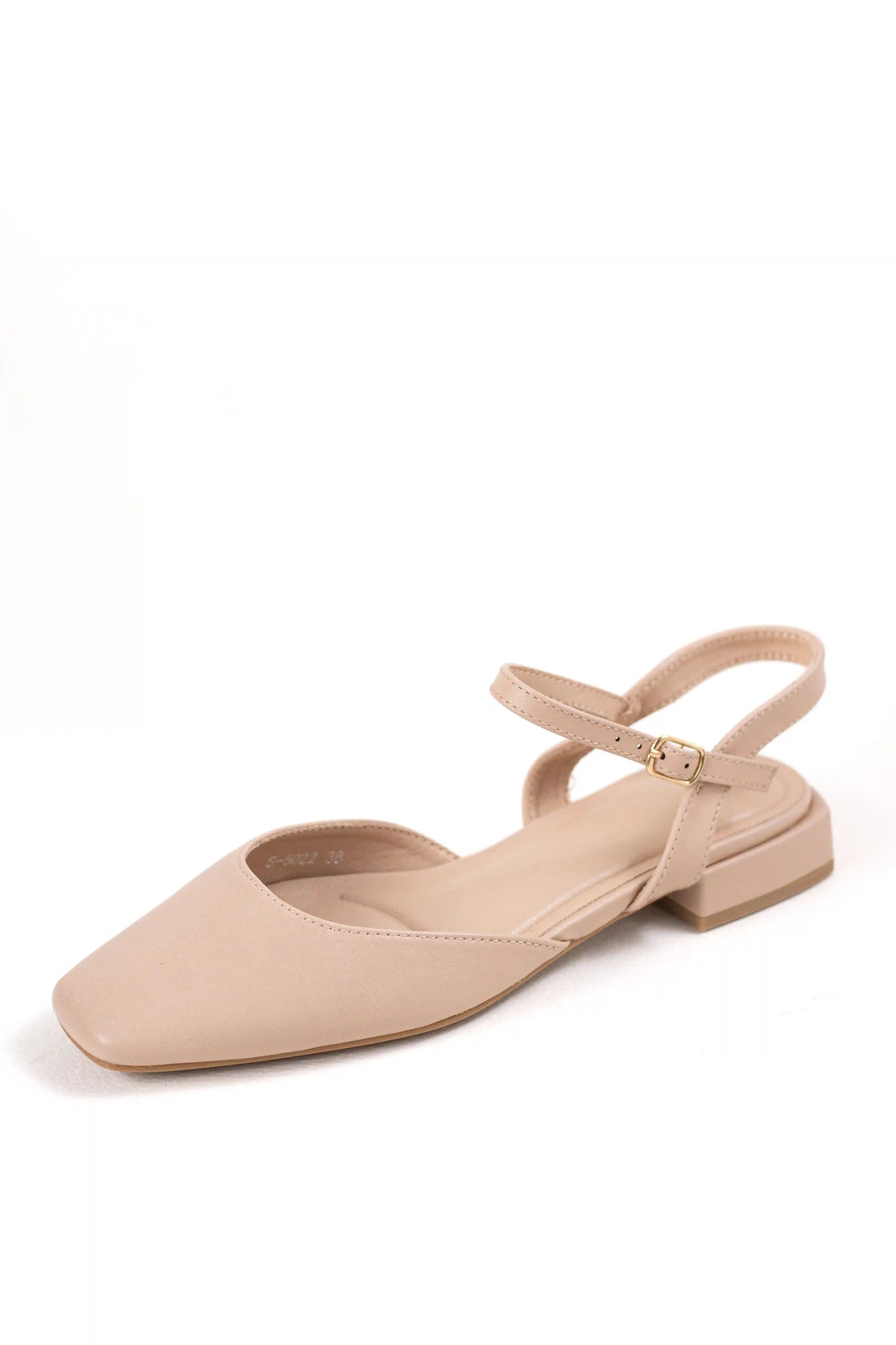 zapato de tacon bajo acabado metalizado puntera cerrada y pulsera ajustable sandalias color Beige talla 41