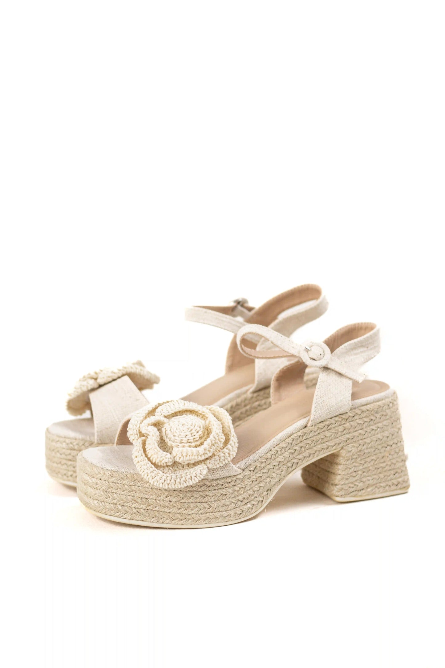 sandalias de tacon con plataforma de yute flor tejida y cierre ajustable color Beige talla 36