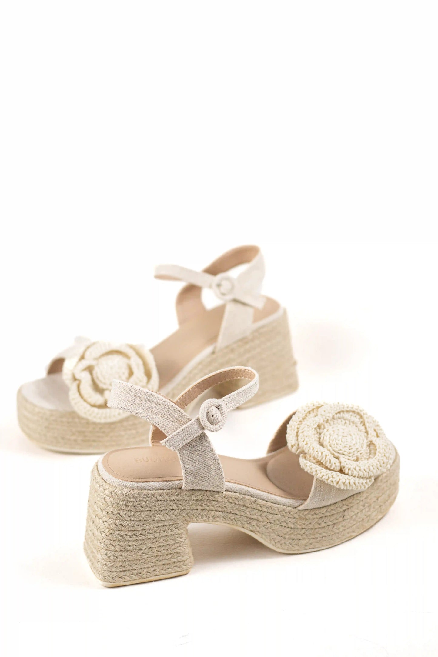 sandalias de tacon con plataforma de yute flor tejida y cierre ajustable color Beige talla 39