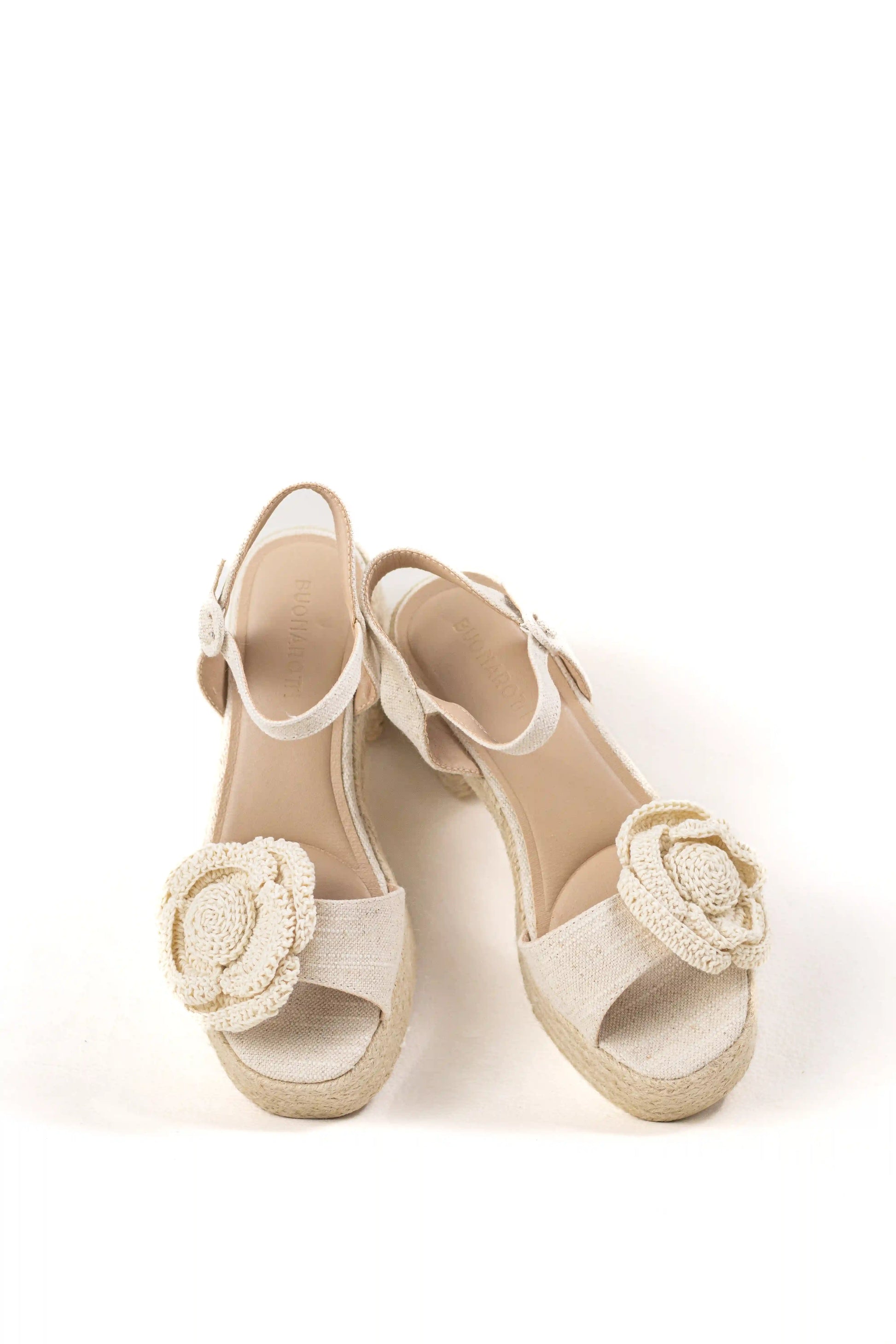 sandalias de tacon con plataforma de yute flor tejida y cierre ajustable color Beige talla 40