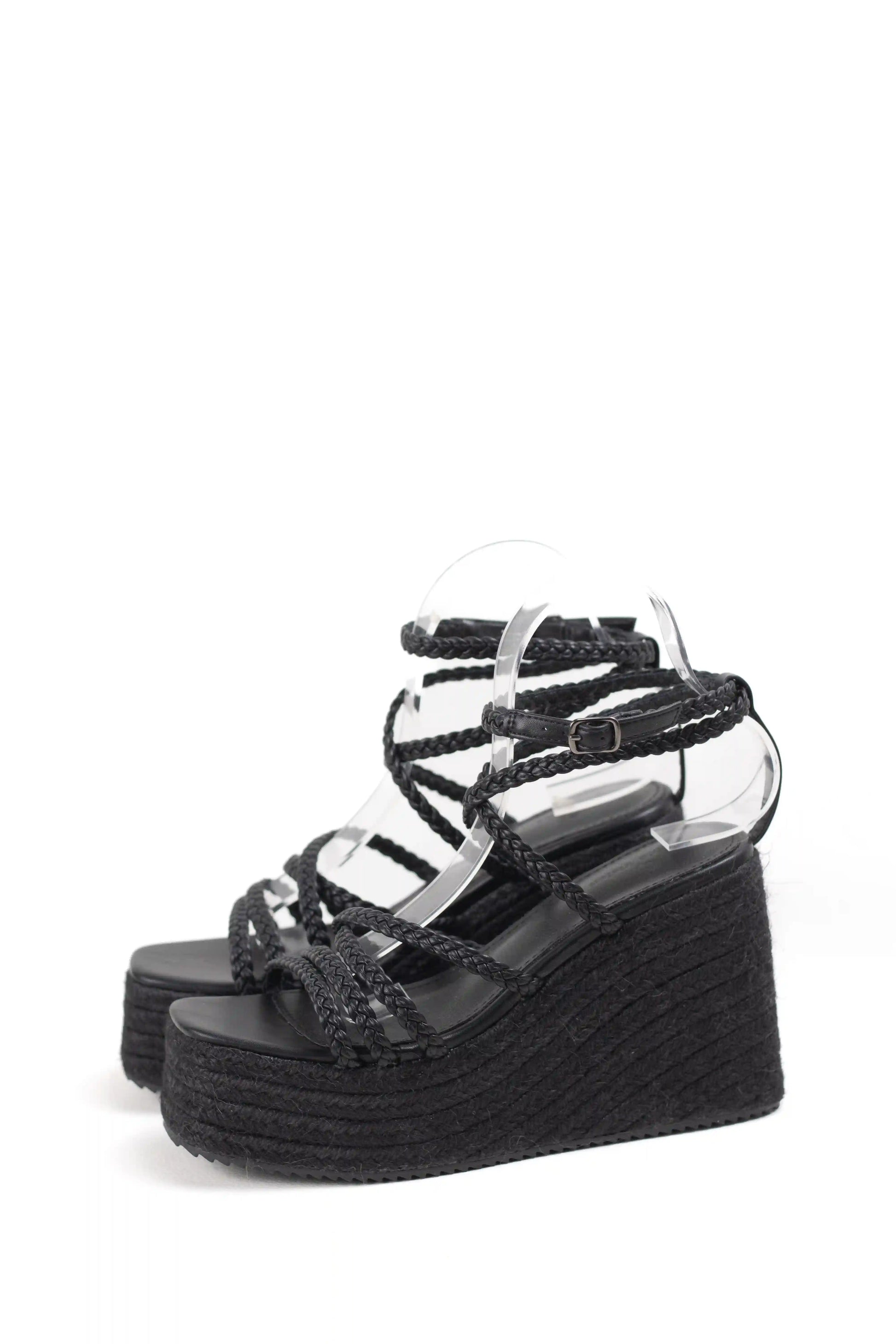 sandalias de cuna de espartos plataforma con tiras trenzadas alpargatas elegantes para verano sandalias color Negras enteras talla 36