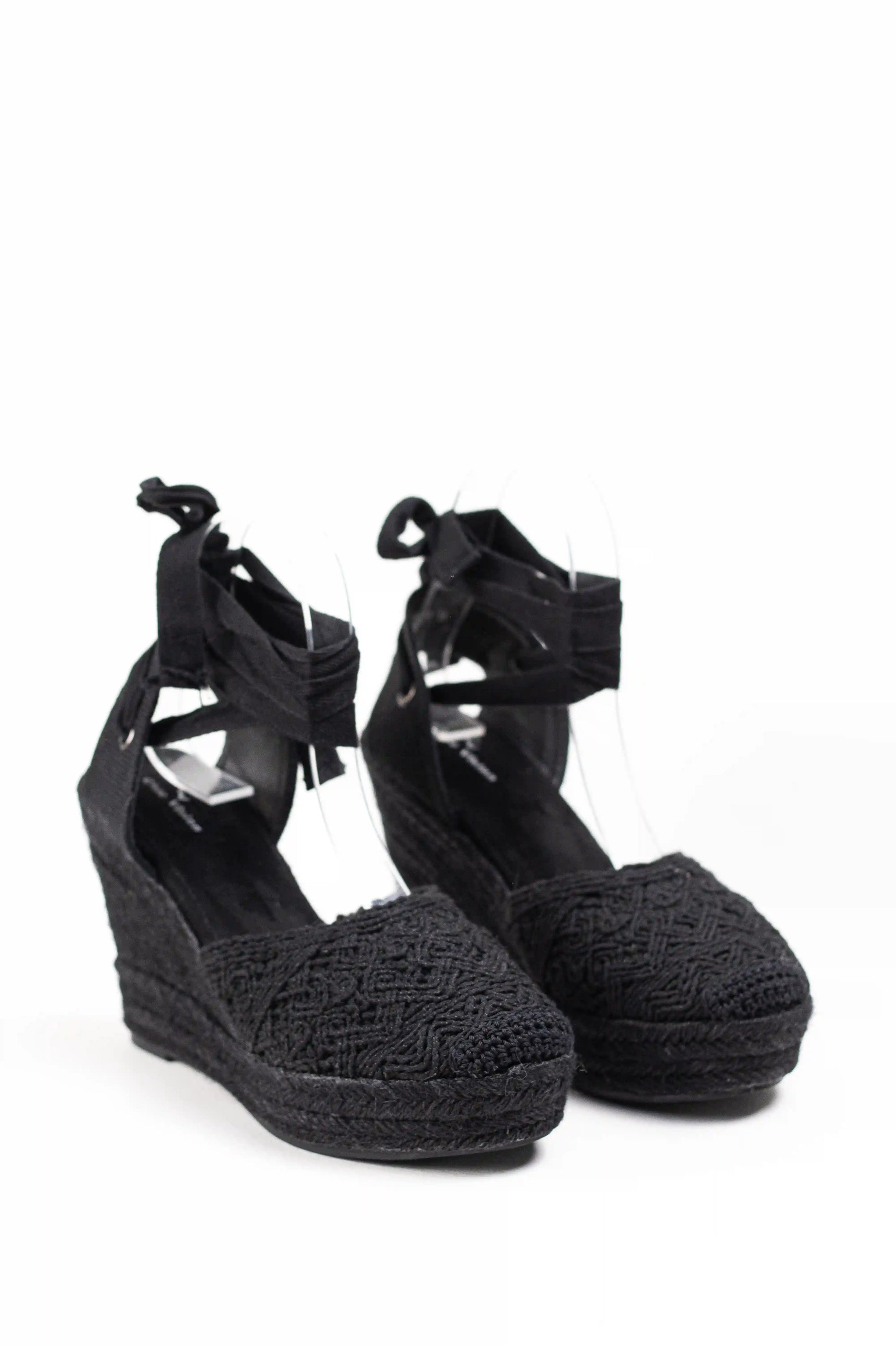 alpargatas de cuna de espartos con plataforma cierre con cordones elegancia y comodidad para verano diseno crochet alpargatas color Negras talla 36