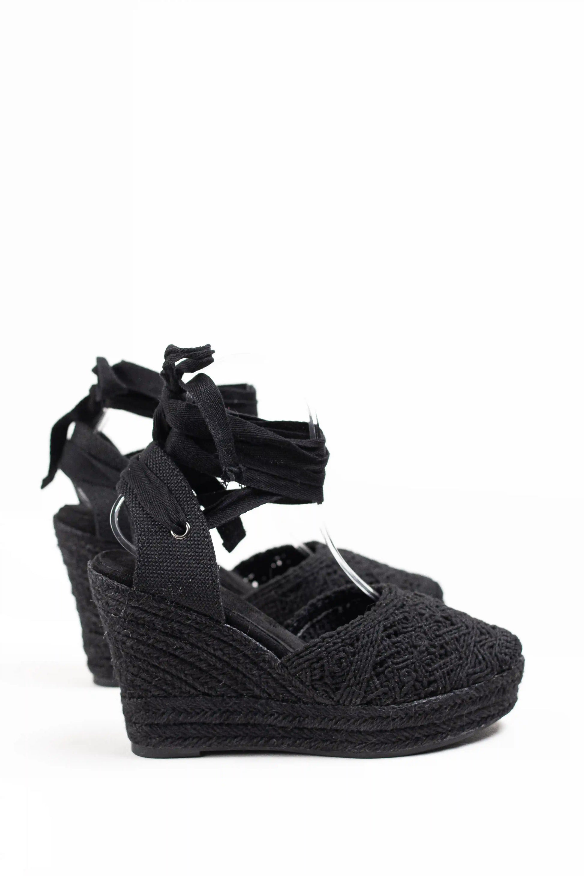 alpargatas de cuna de espartos con plataforma cierre con cordones elegancia y comodidad para verano diseno crochet alpargatas color Negras talla 37