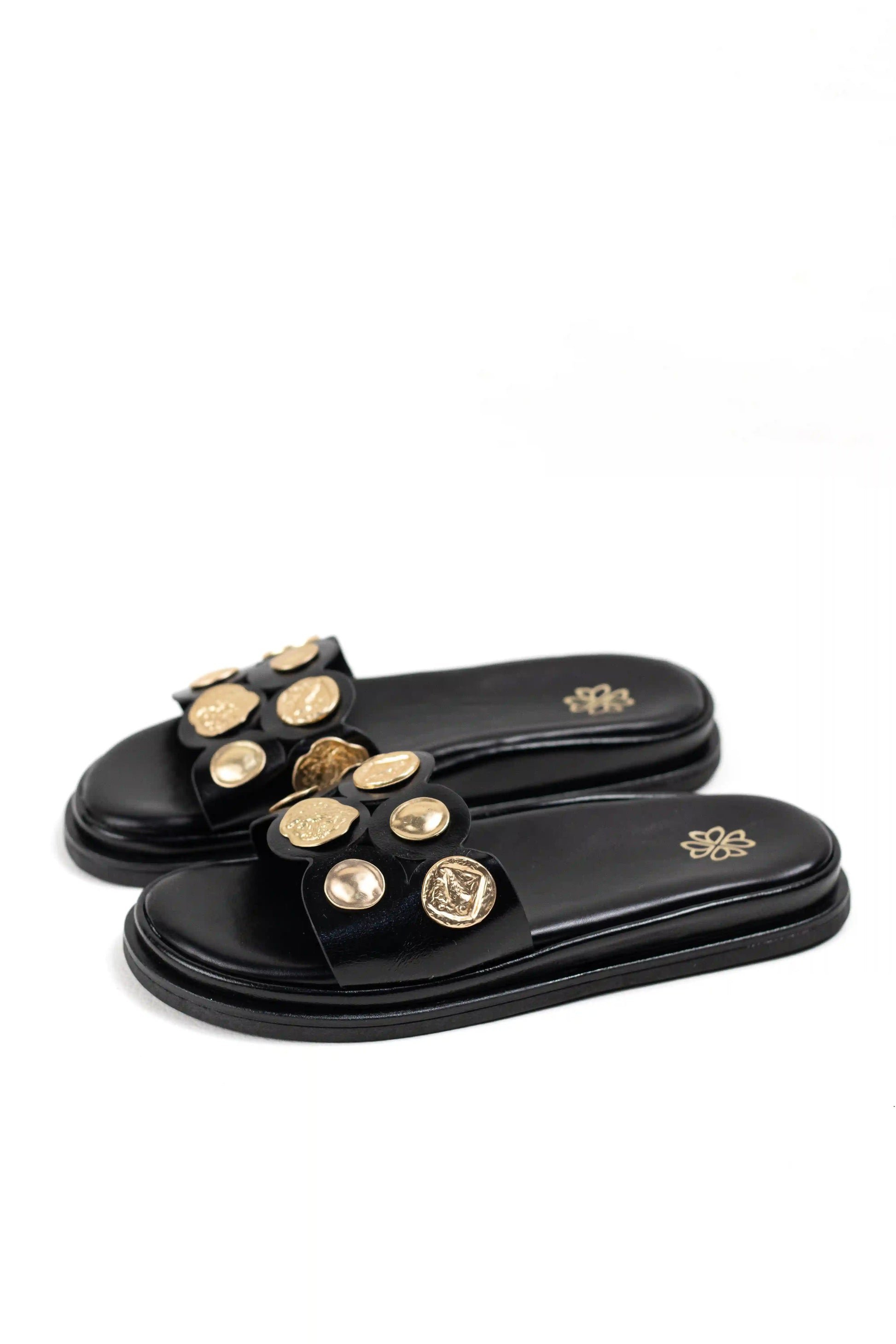 sandalias planas con detalles dorados y diseno elegante color Negro talla 36