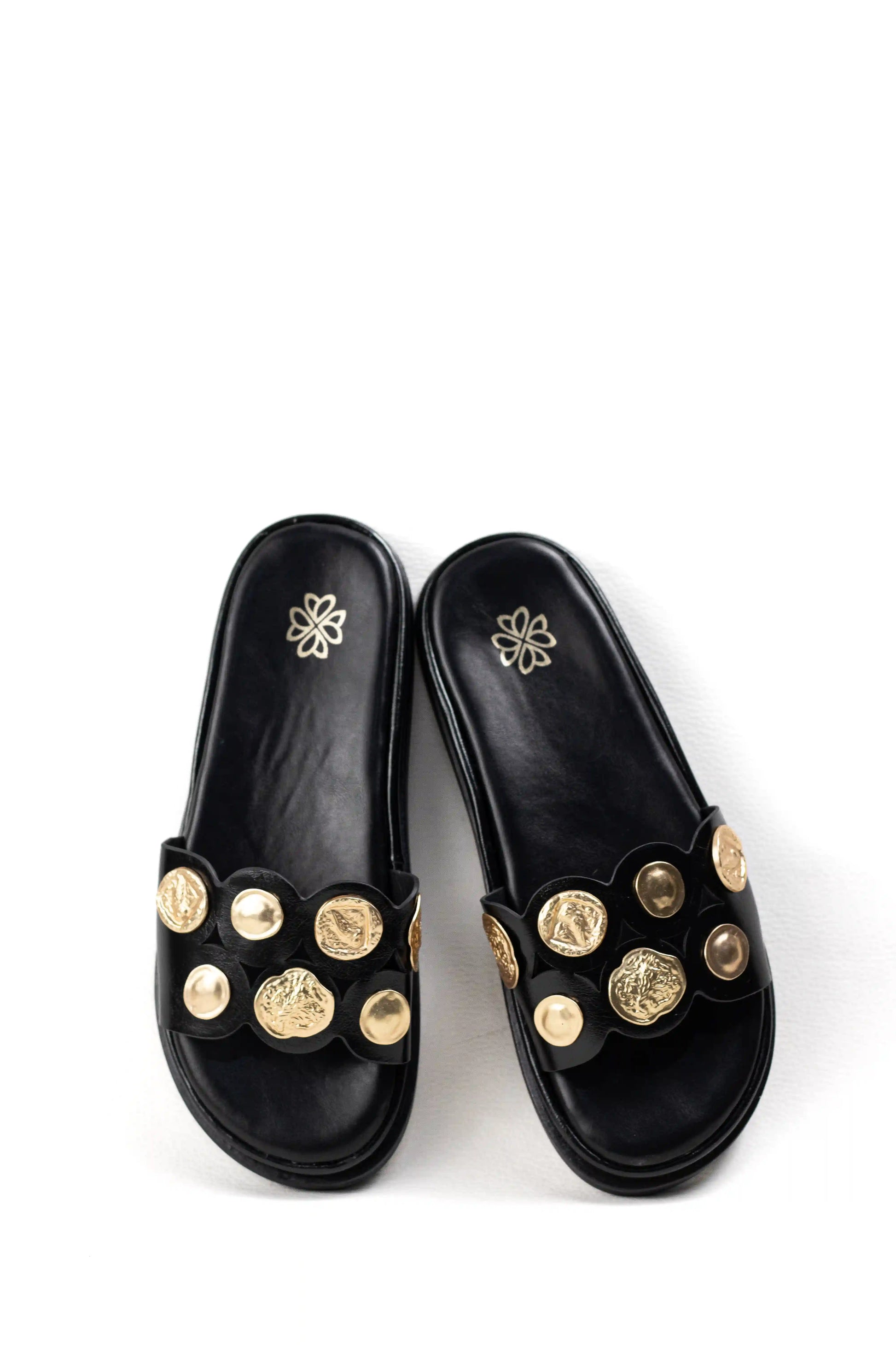 sandalias planas con detalles dorados y diseno elegante color Negro talla 38