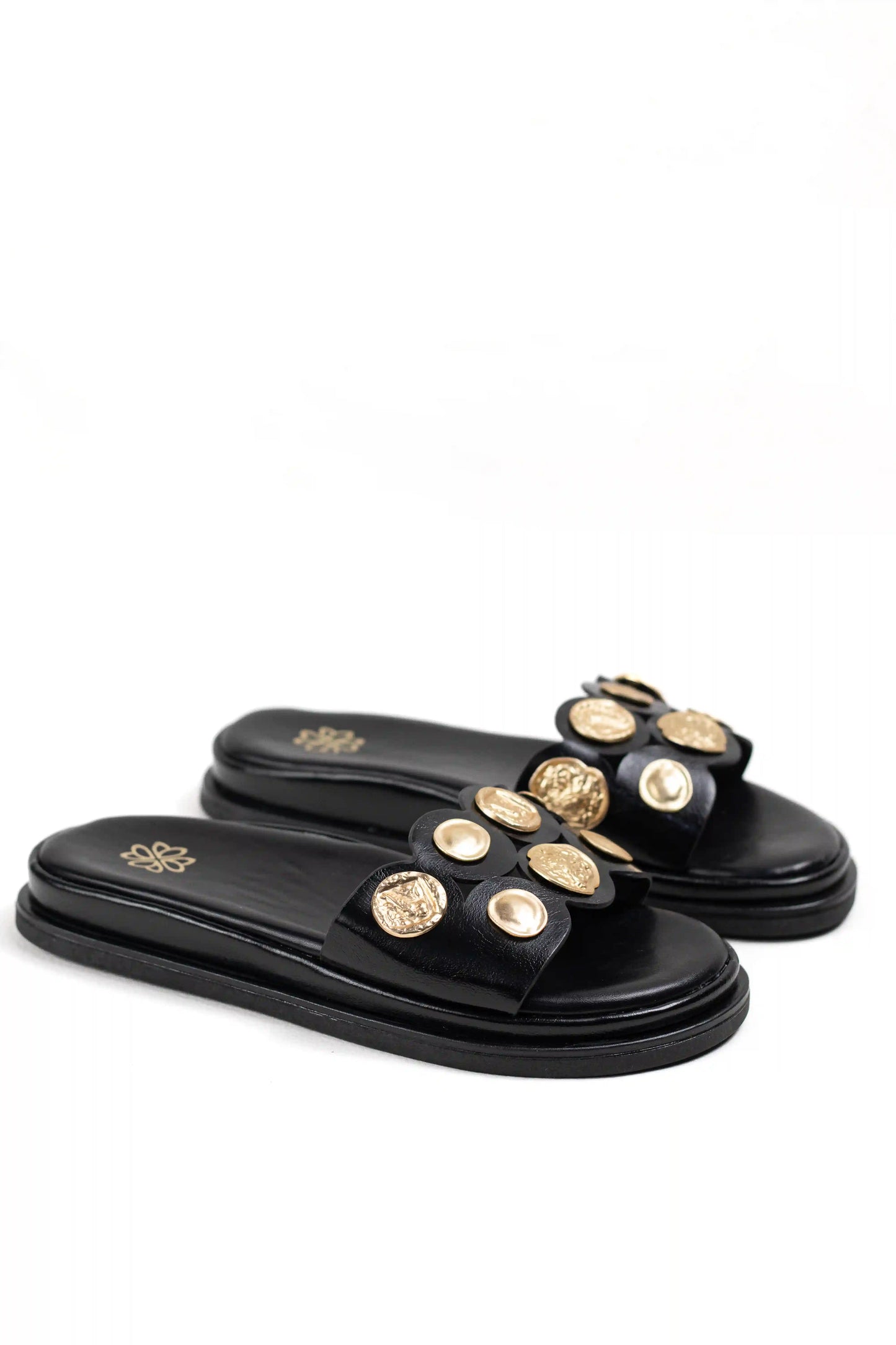 sandalias planas con detalles dorados y diseno elegante color Negro talla 39